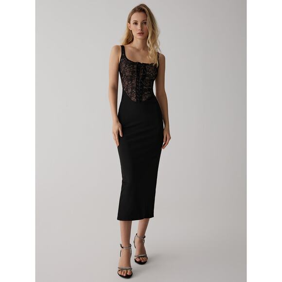 Commense Lace Dark Fairy Elegant Corset Square Neck Long Dress Black Medium - Picture 1 of 5